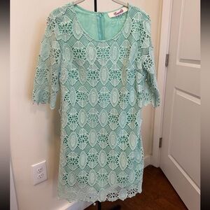 Mint green lace dress intricate crochet details, perfect for spring, 3/4 sleeve